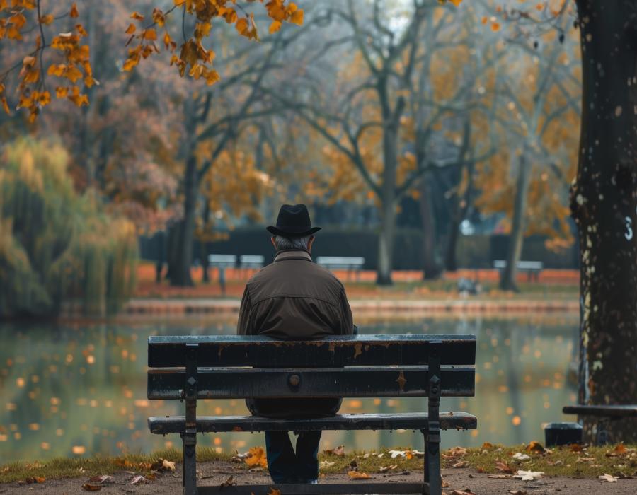 Widower sitting alone on a park bench